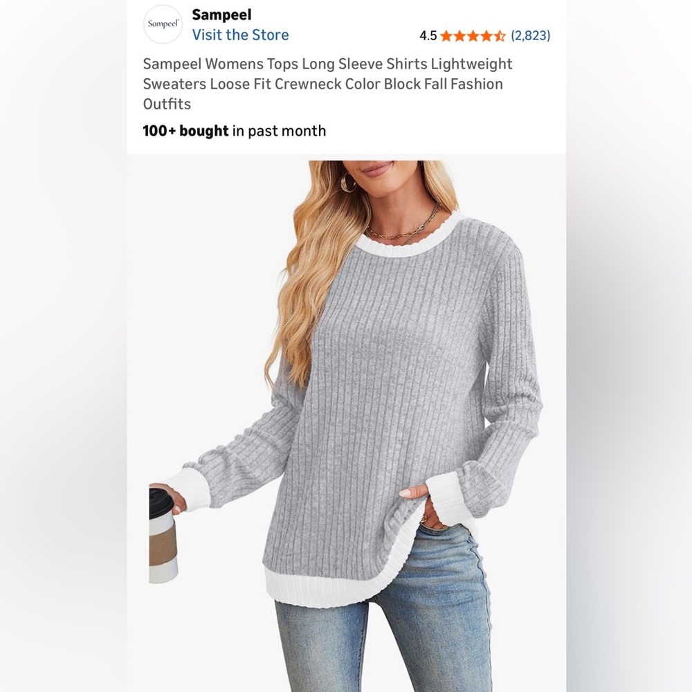 Sampeel Women's Light Gray Ribbed Crewneck Sweater